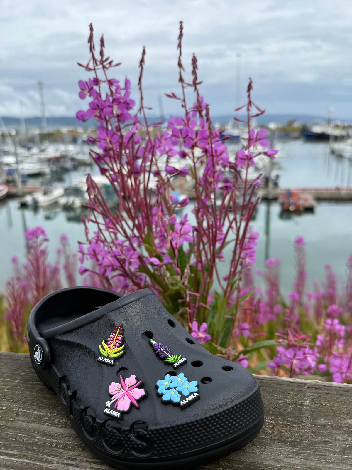 Black clog shoe with colorful charms on a wooden surface with pink flowers and a marina in the background